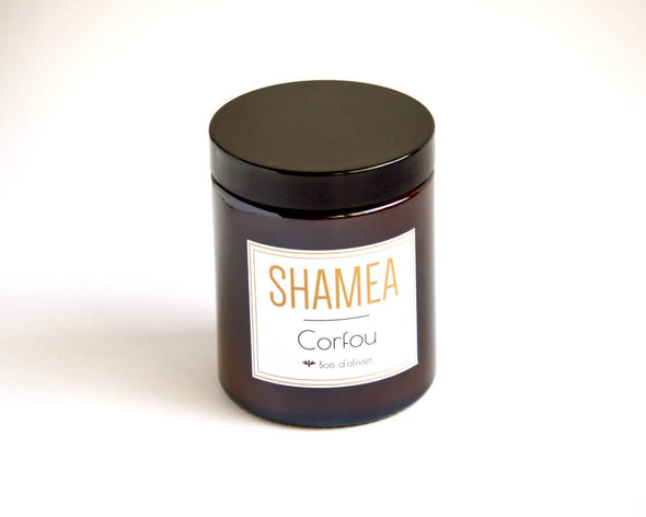 Bougie déco en verre ambré parfumée bois d'olivier naturelle et artisanale marque Shamea