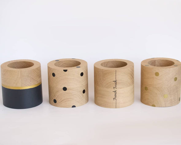 Collection de cache-pots design pour décoration intérieure, artisanaux, made in France, ronds en bois