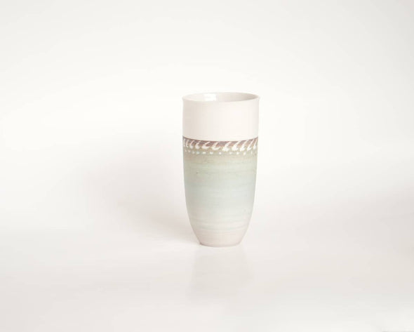Vase céramique porcelaine unique vert bleu ligne motifs blancs