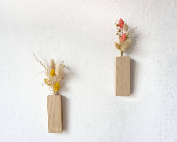 Fleurs séchées déco murale artisanale et originale avec cache-pot en bois
