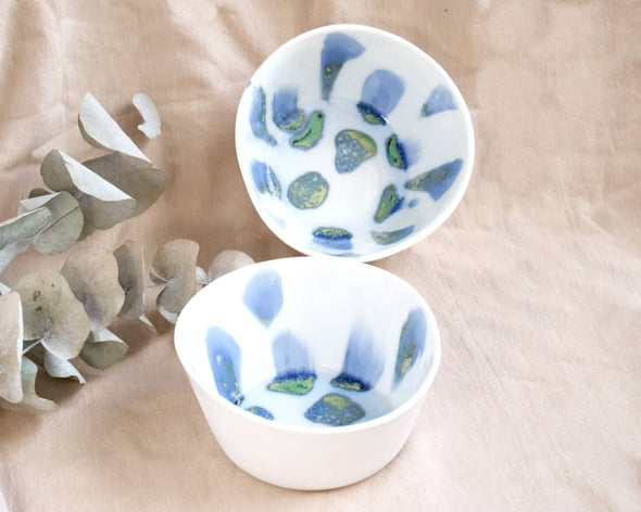 Bol original unique en porcelaine fabrication artisanale française blanc motifs originaux colorés
