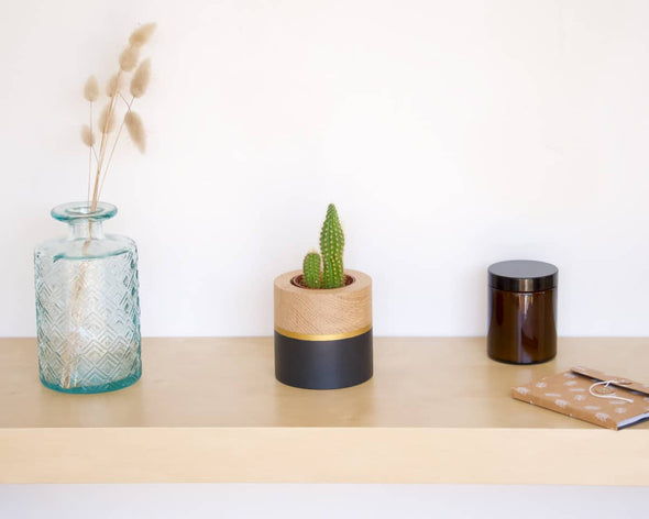 Cache-pot déco intérieur noir et doré rond en bois français fabrication artisanale avec cactus sur étagère