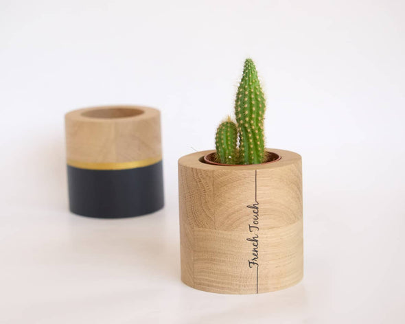 Cache-pot déco en bois French touch rond avec cactus déco