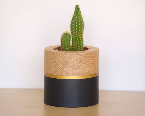 Cache-pot intérieur noir et doré avec petit cactus fait-main made in France my cosy home