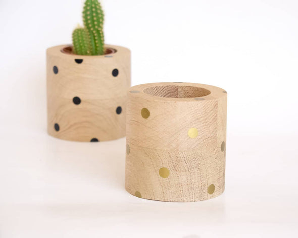 Cache-pot original rond bois et doré fait-main fabriqué en France