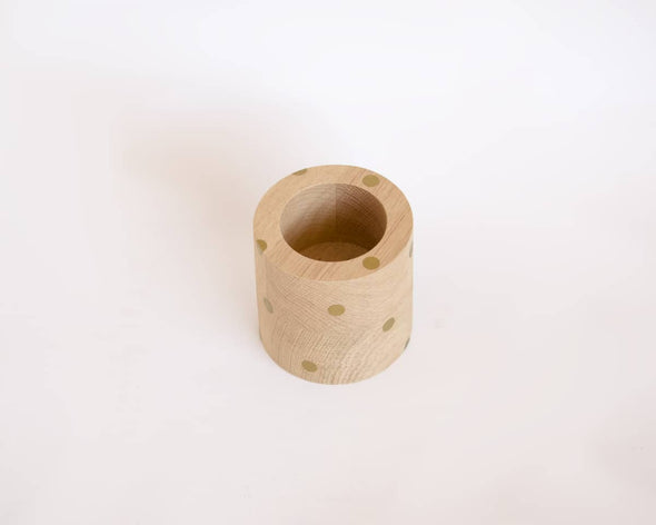 Cache-pot intérieur rond en bois design avec déco pois dorés fabriqué artisanalement en France