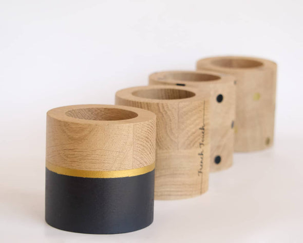 Cache-pot déco design rond en bois fait-main noir et or