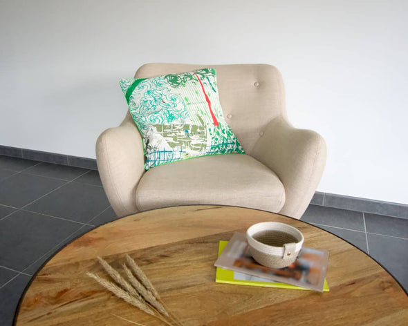 Housse de coussin canapé déco salon fait-main en France verte à motifs