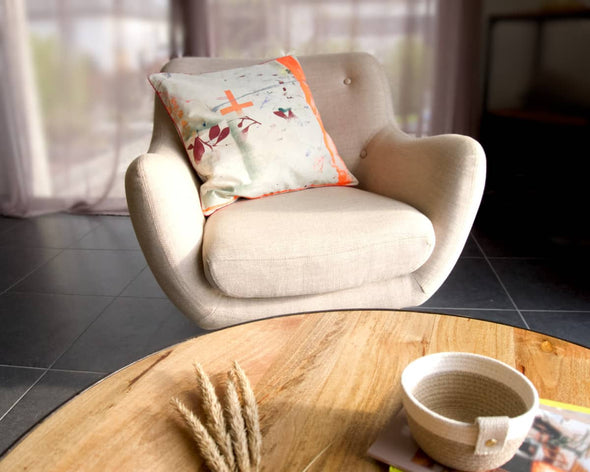 Housse de coussin déco orange imprimée design pièce unique de créateur fabriquée en France Happé