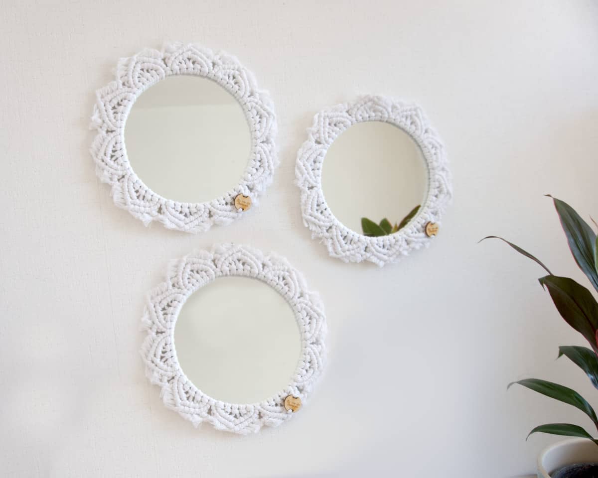 Set de 3 miroirs muraux déco ronds blancs faits à la main en macramé –  Amécla
