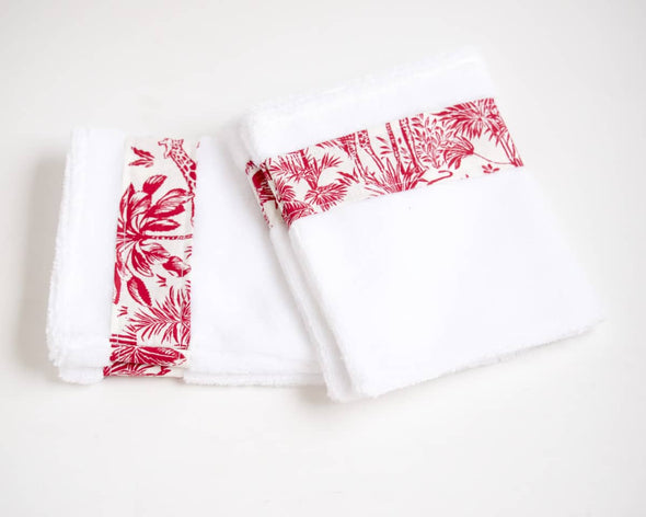 Gants de toilette par 4 tout doux en bambou et coton fait-main blancs et rouges made in France