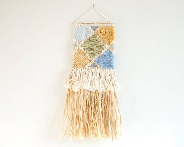 Déco murale tissée fait-main naturelle géométrique franges en coton et raphia