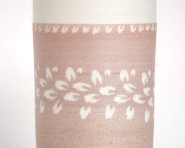 Vase céramique porcelaine unique rose sable motifs blancs