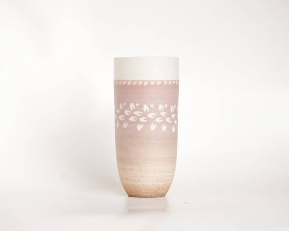 Vase céramique porcelaine unique rose sable motifs blancs