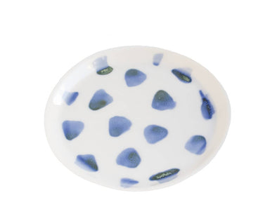 Assiette design originale blanche motifs bleus verts création artisanale made in France