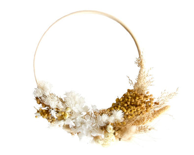 Couronne fleurs séchées jaunes et beiges artisanale originale décoration murale