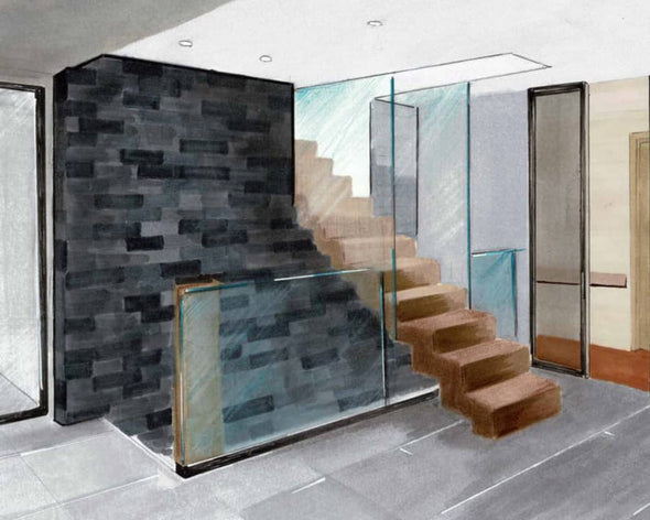 Croquis pièce escalier aménagement intérieur 