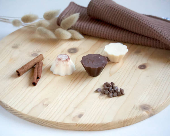 3 tartelettes à faire fondre parfumées senteurs gourmandes chocolat cannelle amande, faits à la main en France l'Atelier KUMA