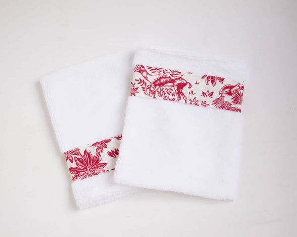 Gants de toilette éponge tout doux avec galon à motifs savane rouge originaux artisanaux