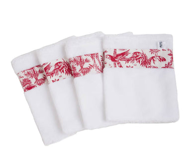 Lot de 4 gants de toilette fait-main blancs motifs savane rouge originaux  Petite Marie Créatrice