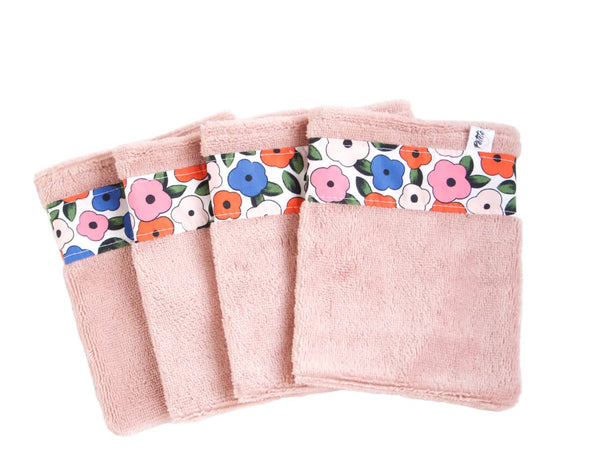 Lot de 4 gants de toilette roses poudré galon motif floral coloré fait-main en France Petite Marie Créatrice