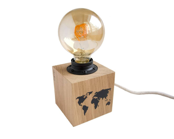 Lampe à poser originale design cube en bois et déco carte du monde noire, ampoule style industriel My Cosy Home