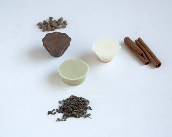 3 fondants parfumés naturels pour parfums d'ambiance thé vert matcha cannelle et chocolat, faits à la main en France par l'Atelier KUMA
