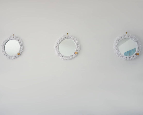 Set de 3 miroirs ronds décoratifs à accrocher au mur pour déco bohème chic, fait-main en macramé blanc