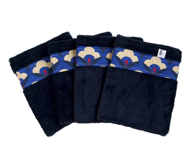 Lot de 4 gants de toilette en éponge de bambou tout doux couleur bleue marine avec galon à motifs esprit floral