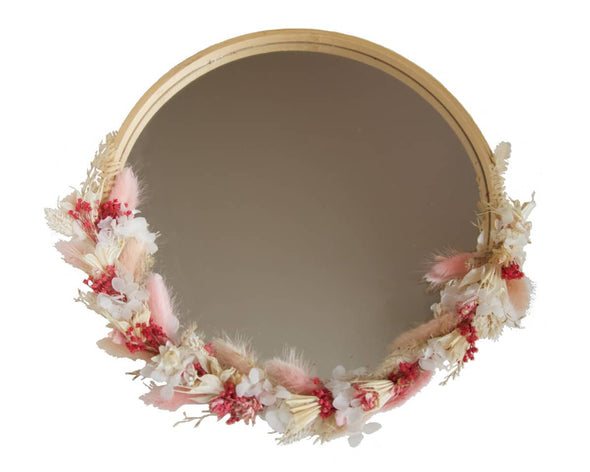 Miroir rond bois fleurs séchées roses blanches original artisanat français
