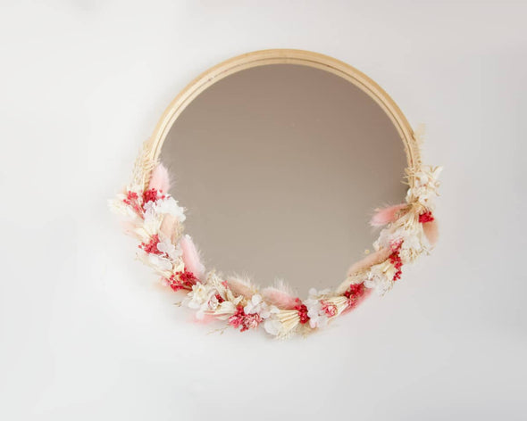 Miroir rond bambou avec fleurs séchées fait-main roses et blanches pour décoration murale miroir salon