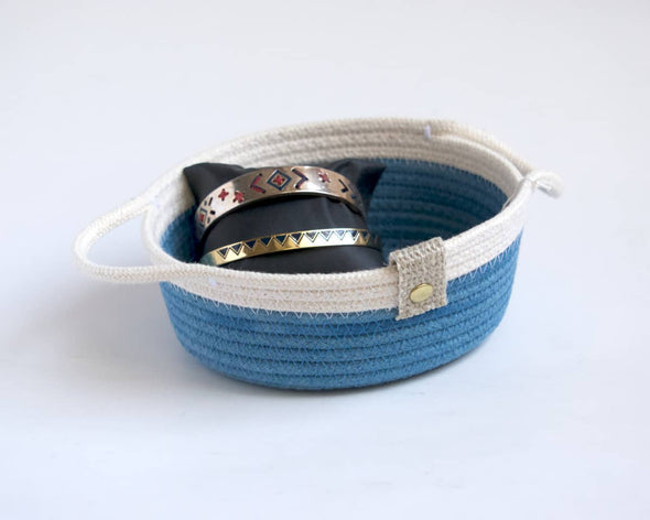 Panier de rangement rond bleu et blanc avec anses pour bijoux Mon Panier en cordes