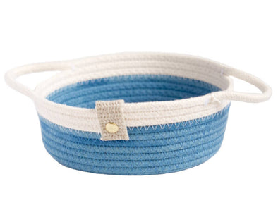 Panier décoration fait-main en cordes de coton bleu indigo et blanc avec anses Mon Panier en cordes