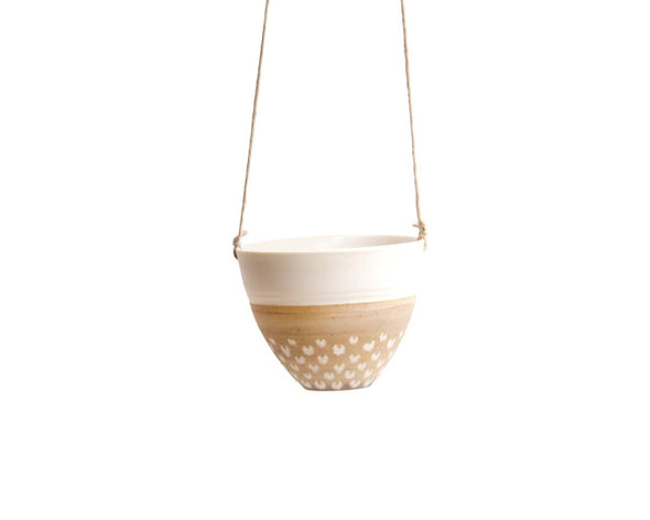 Pot suspendu unique en porcelaine beige sable motifs floraux blancs