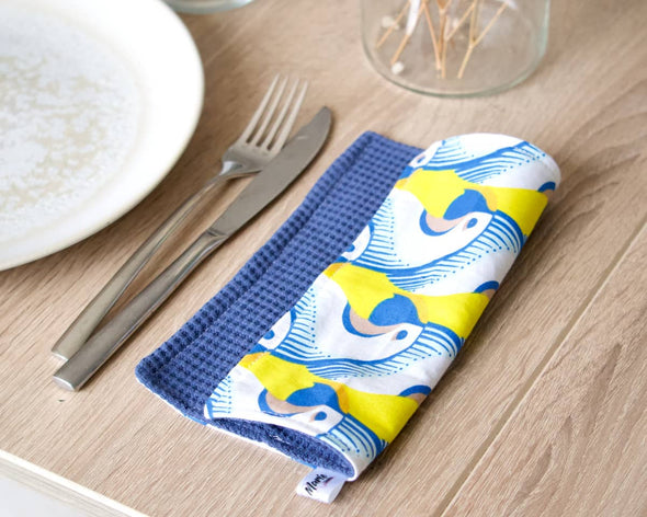 Serviette de table de créateurs made in France réutilisable zéro déchet bleue et jaune