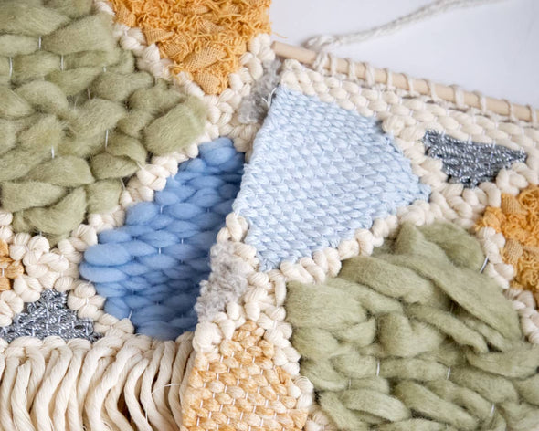 Tissages muraux uniques en laine et coton bleu vert jaune moderne formes géométriques