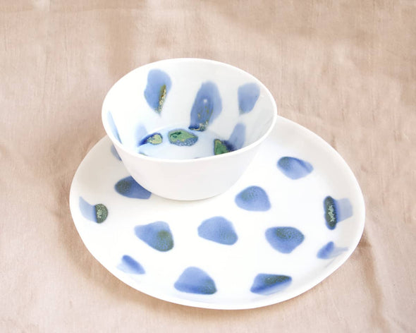 Bol céramique rond artisanal blanc design et décoratif avec assiette