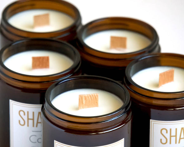 Zoom bougies cire de soja et mèches en bois, naturelles et non toxiques créatrice Shamea